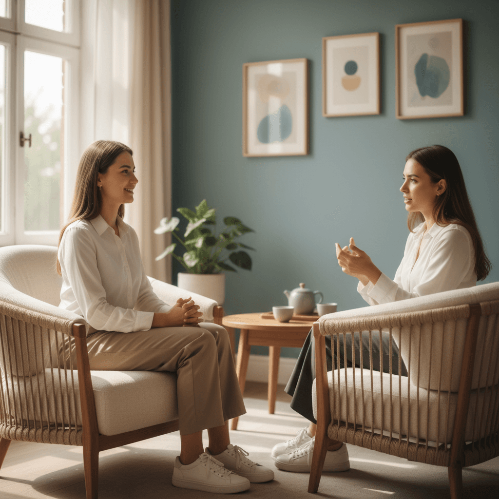 Two people in supportive conversation