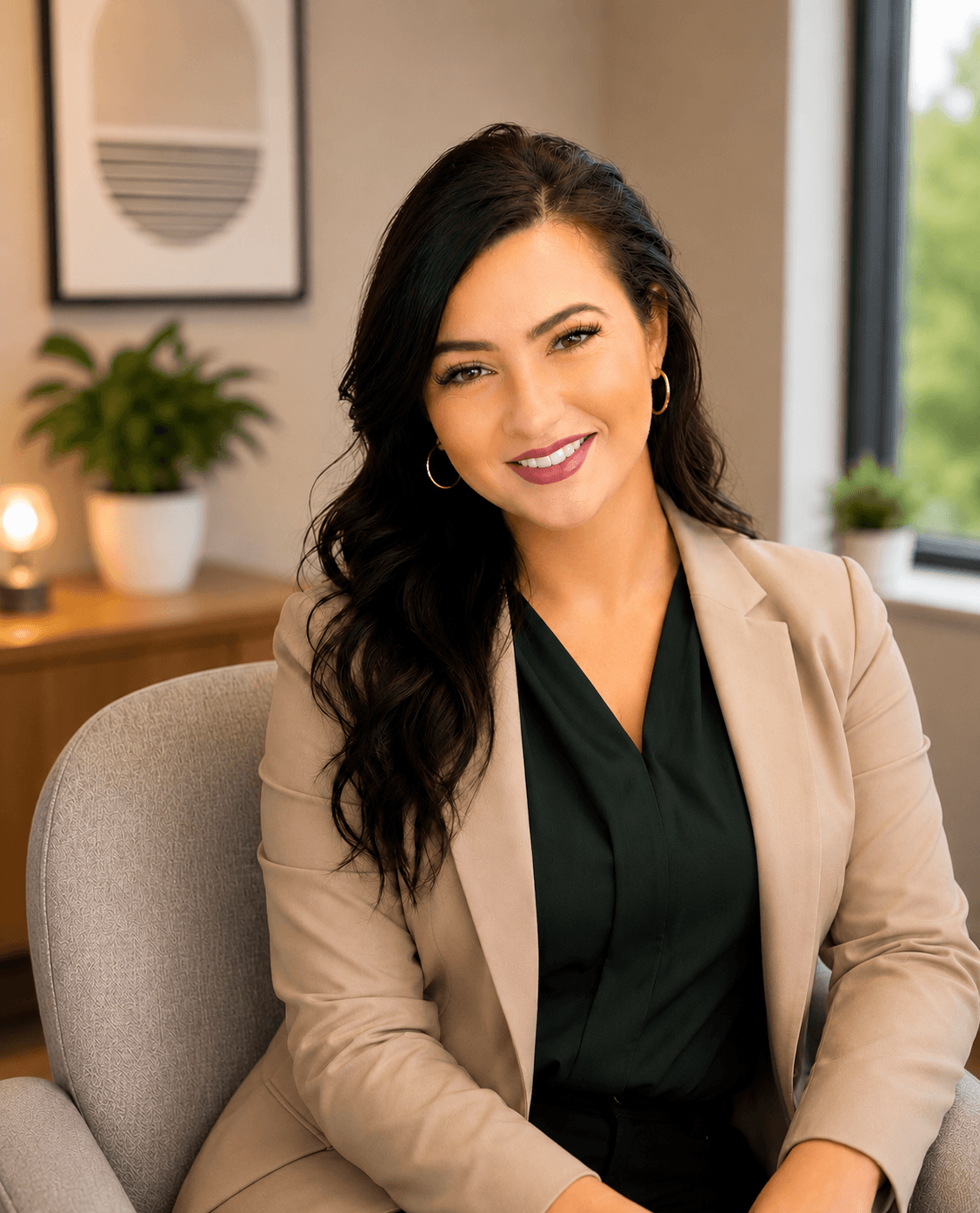 Smiling woman with long dark hair wearing a tan blazer over a green top.