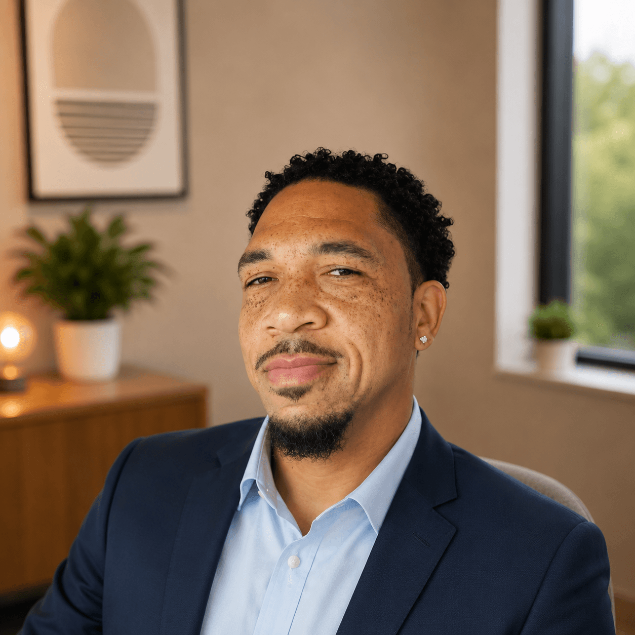 Freckled Black man with a goatee wearing a navy blazer and light blue shirt.