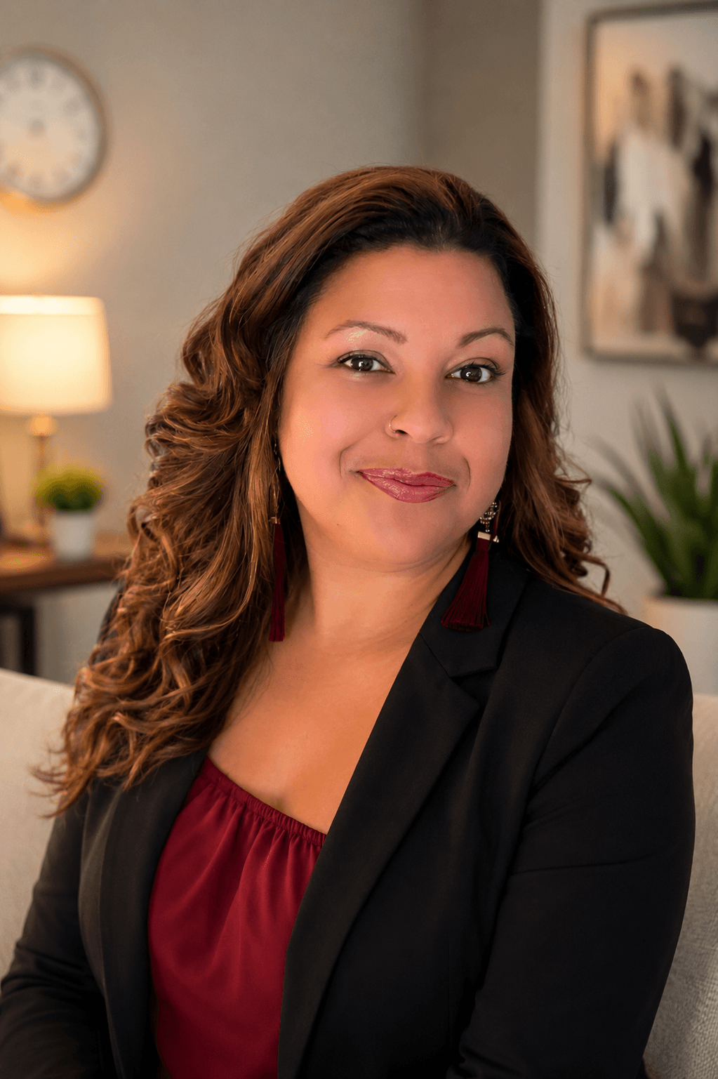 Smiling woman with long wavy brown hair, black blazer, maroon top, and maroon tassel earrings.